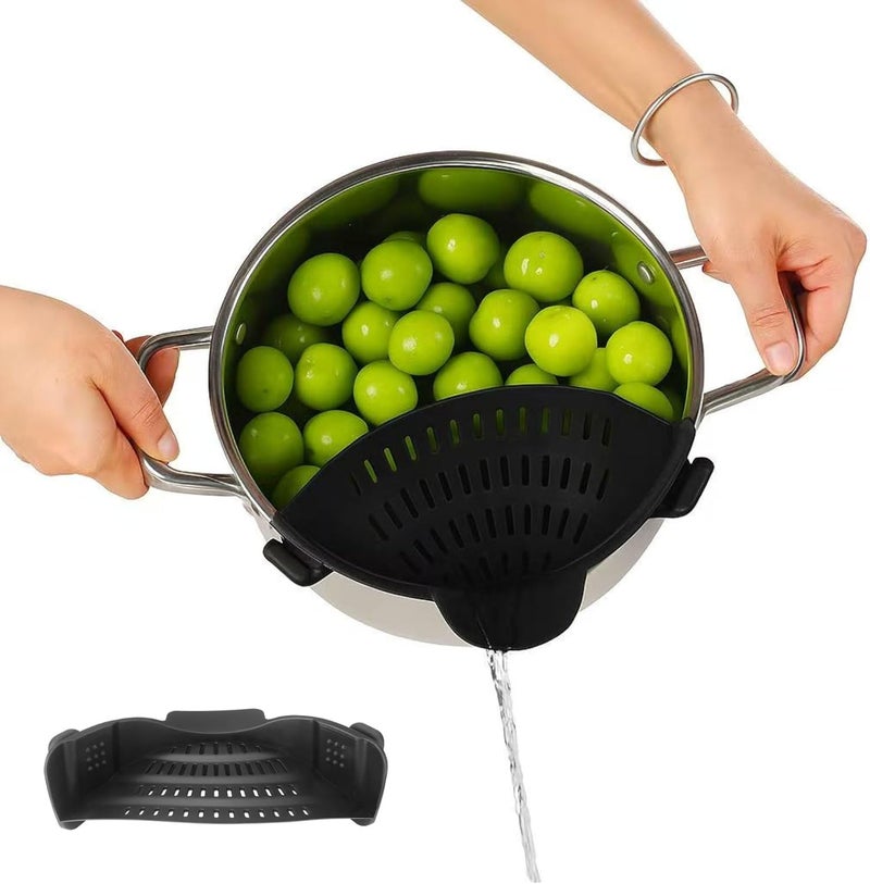 Emptycolor Silicone Pot Strainer, Adjustable Clip On Strainer for Pots Pans, Heat Resistant Pot Drainer, Kitchen Pasta Colander for Vegetables and Noodles (Black) - Image 1